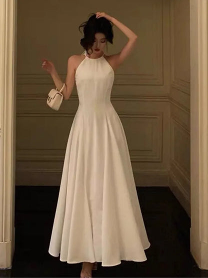 lovwvol France Vintage Halter Evening Party Long Dresses for Women Solid Sleeveless A-line Princess Wedding Prom Robe New Spring Vestido