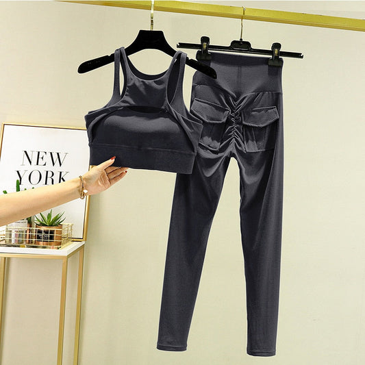 Women's Tracksuit Leggings Yoga Set Pocket High Waist Pants Sportswear Bra Fitness Workout Cycling Sport Suit Gym Outfit Clothes