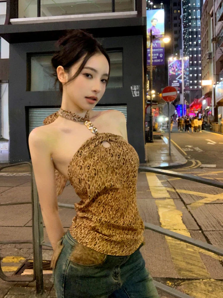 lovwvol  -  Y2k Aesthetic Hollow Out Leopard Sexy Tank Top Women Streetwear Backless Bandage Tanks Harajuku Halter Slim Fit Vintage Tops