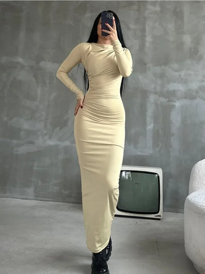 lovwvol Pleated Long sleeved Slim Maxi Dress Women Solid Fashion Elegant Party Dress Gown Off-Shoulder High Waist Bodycon Dress