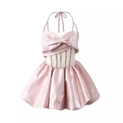 lovwvol Metallic Pink Satin Bud Mini Dress Women Bandage Halter See Through Lace Spliced Puffy Princess Dress Prom Party Gown