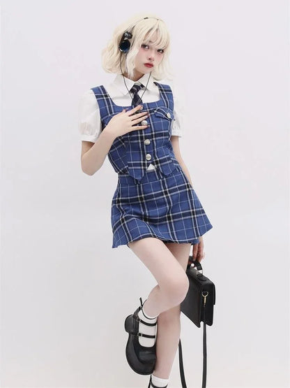 lovwvol Summer Preppy Style Bule Plaid Vintage 3 Piece Skirt Set Women Casual Retro Tops Y2k Vest Slim Mini Skrits Korean Fashion Suits