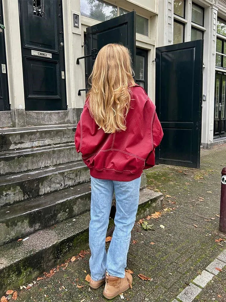 Women Chic Contrast Stitching Red Jacket Fashion Lapel Long Sleeve Zippered Leather Coat Autumn Female Elegant Streetwear