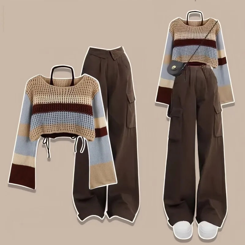 lovwvol Women's Autumn Vintage Hollow Stripe Long Sleeved Knitwear+Strap+Cargo Pants Suit Korean Elegant Sweater Trousers Matching Set