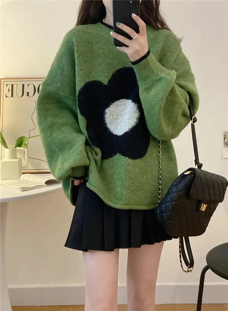 lovwvol Flower Knitted Sweater Female Pull Femme Autumn Contrast Color Womens Clothing Loose Round Neck Long Sleeve Y2k Top