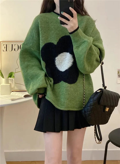 lovwvol Flower Knitted Sweater Female Pull Femme Autumn Contrast Color Womens Clothing Loose Round Neck Long Sleeve Y2k Top