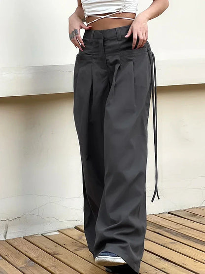 lovwvol Shirring Vintage Wide Leg Pants Women Gray High Waist Y2k Streetwear Casual Suit Pants Korean Loose Office Lady Trousers