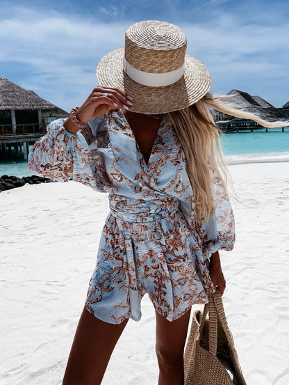 lovwvol  -  Sexy Deep V Neck Jumpsuit For Women Summer Casual Boho Beach Vacation Outfit Female Fashion Print Lantern Sleeve Rompers Shorts