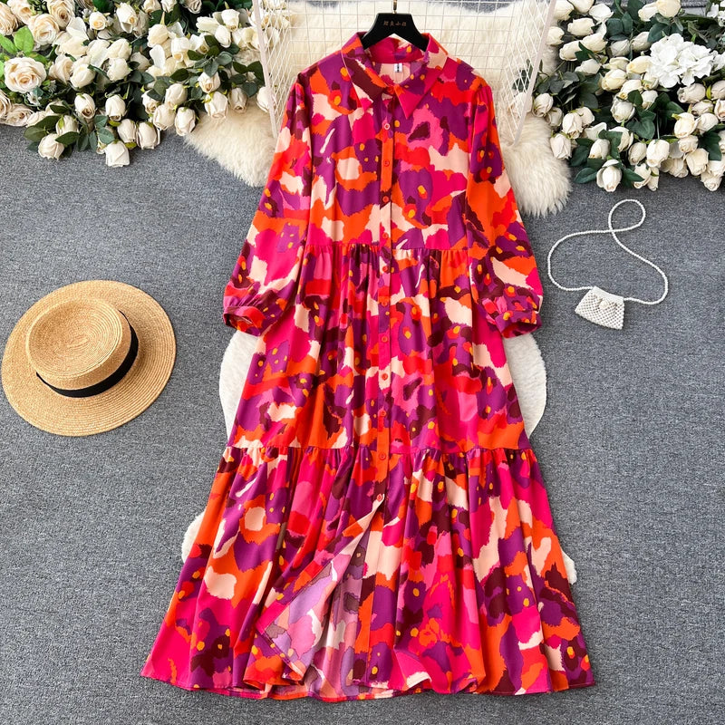 Fragment Flower Dress Women's French Lazy Style Relaxed Long Sleeve Lapel Single Breasted Dresses Girl's Holiday Shop Long Dress