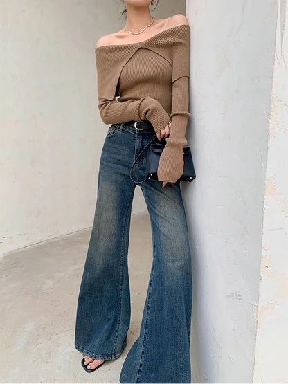 lovwvol   Y2k Blue Flare Jeans for Woman Vintage Wide Leg Denim Pants Female Full Length Baggy Pantalones Vaqueros Mujer Spring