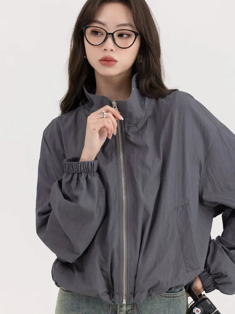 lovwvol  Korean Y2K Dark Grey Jackets Women Windbreaker Crop Jacket Female Harajuku Korean Oversize Zip Up Outdoor Tops