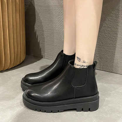 Black White Platform Chelsea Boots for Women 2023 Autumn Thick Bottom Pu Leather Ankle Boots Woman Slip On Short Botas Shoes