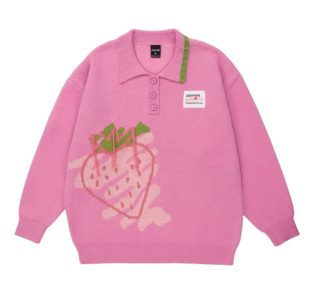 Japanese Kawaii Sweater Women Harajuku Knitted Jumper Loose Casual Strawberry Contrast Knitwear Tops Cute Streetwear