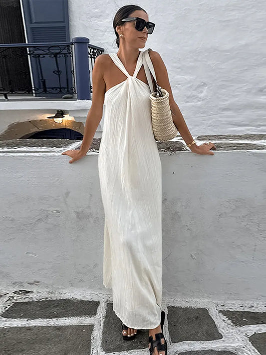 lovwvol Sexy White Off Shoulder Halter Pleated Maxi Dress Fashion Sleeveless Loose Dresses Summer 2024 Ladies High Streetwear Vestidos