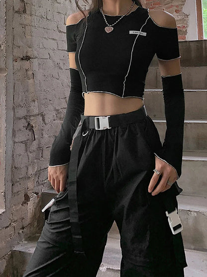 E-girl Style Patchwork Black T-shirts Gothic Open Shoulder Sleeve Y2k Crop Tops Ruffles Hem Hip Hop Techwear Women Tee