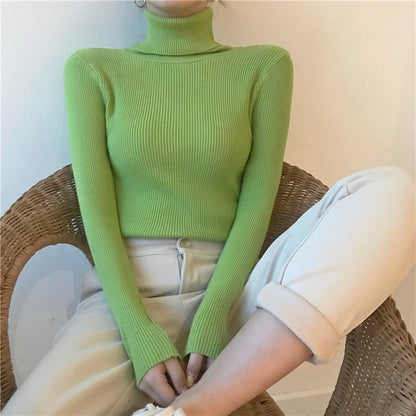 lovwvol Harajuku Pullover Turtleneck Sweater Women Fall Soft Knit Sweater Slim Elastic Korean Simple Basic Cheap Jumper Solid Tops