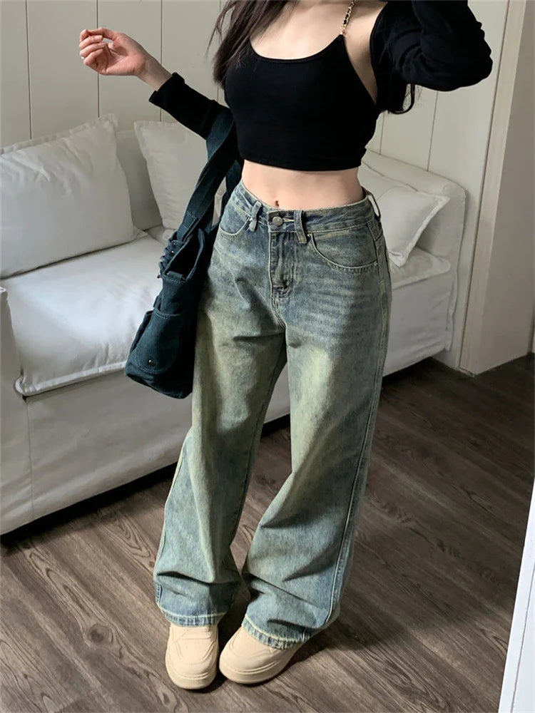 lovwvol Women's Retro Style Straight Jeans Summer Street Vintage Denim Trousers Young Girl Bottoms Female Narrow Cut Wide Leg Pants