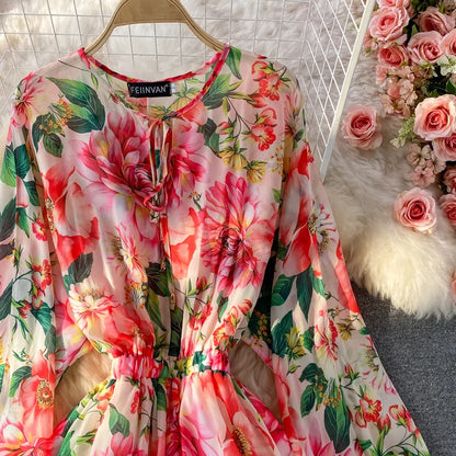 lovwvol Runway Spring Summer Vacation Dress Women Elegant Bat Sleeve Rose Print Bohemian Lady Chiffon Long Maxi Dress