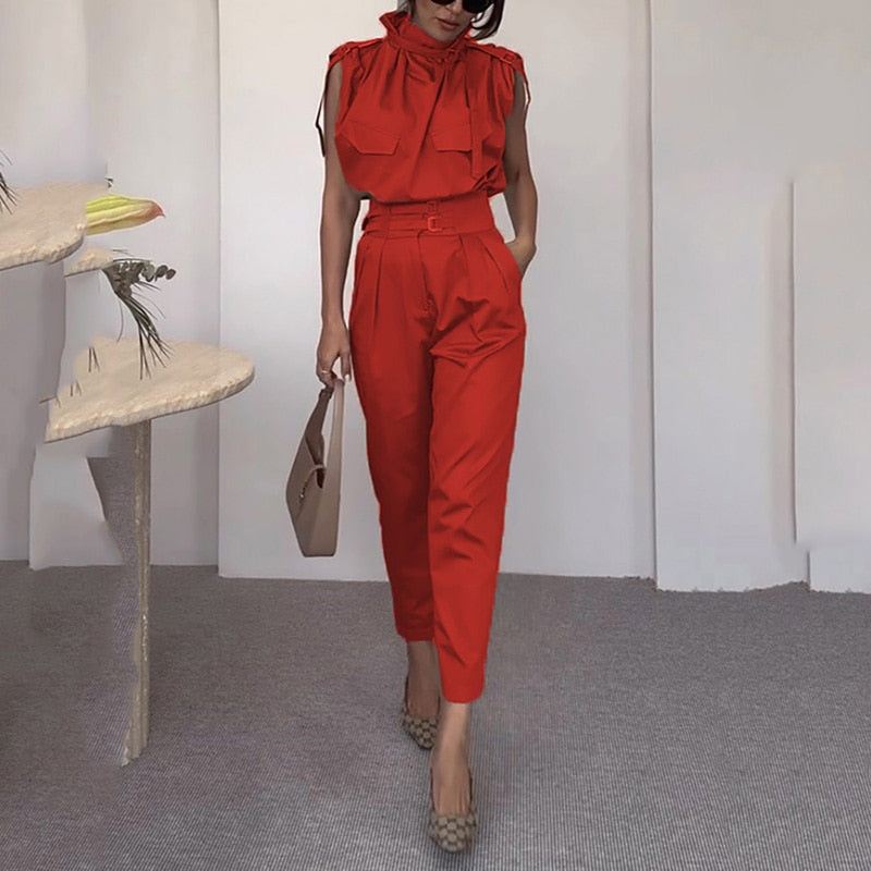 Two Piece Sets Women Summer 2023 Elegant Sleeveless Chic Long Pants Sets Tie Neck Belt Solid Office Outfit With Pocket