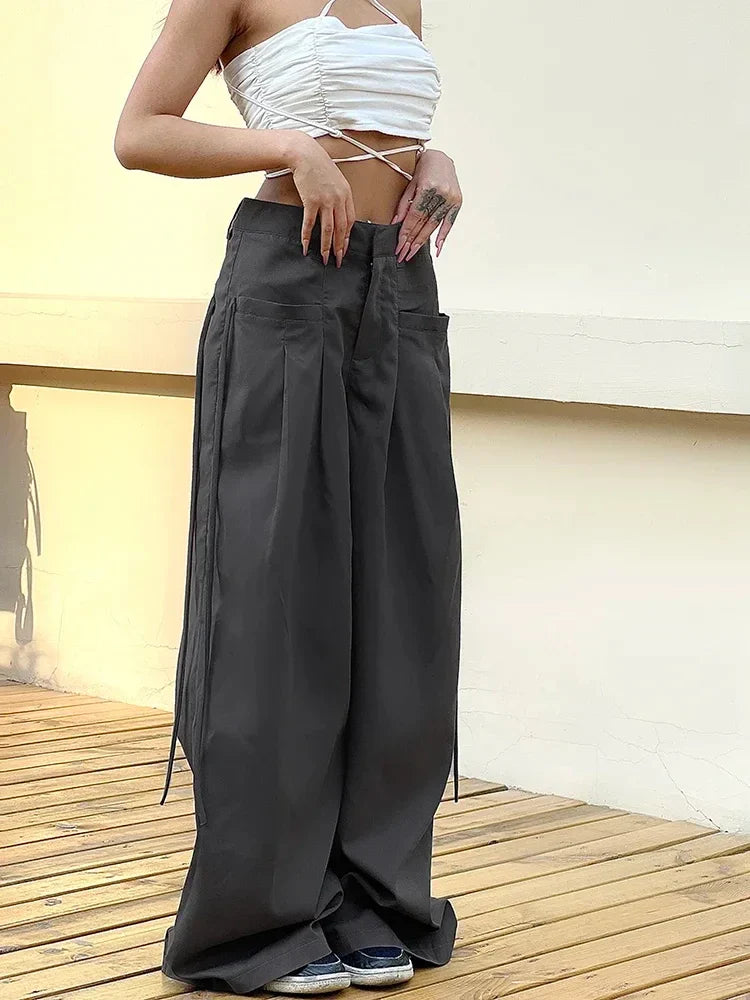 lovwvol Shirring Vintage Wide Leg Pants Women Gray High Waist Y2k Streetwear Casual Suit Pants Korean Loose Office Lady Trousers