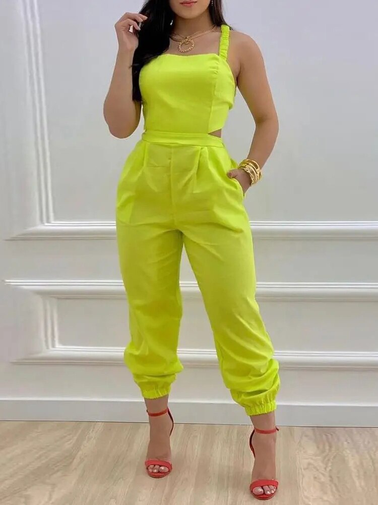 Ladies Off Shoulder Sleeveless Jumpsuit Summer Women Casual Solid Rompers Streetwear Long Playsuits Overalls With Pockets