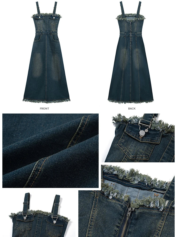 lovwvol Trendy Spaghetti Strap Denim Skirts Women Sexy Fashion Ripped High Waist Loose Casual Pocket Dresses Female Long Dress Maxi