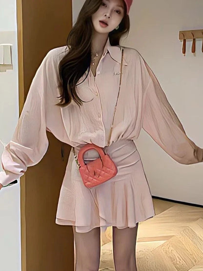 Y2K Shirt Mini Dress Women Long Sleeve Ruffles A-line Korean Chic Solid New Spring Summer Casual Clothing Streetwear