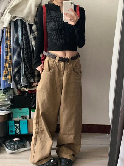 lovwvol Vintage Baggy Pants Women Y2K High Waist Loose Casual Trousers Khaki Korean Streetwear Straight Wide Leg Cargo Jeans