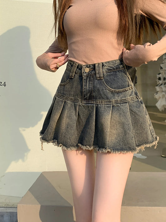 lovwvol Women's Summer Cute Denim Short Skirt High Waist Burr Edge Spliced Casual A-line Harajuku Korean Style Y2K Mini Pleated Skirt