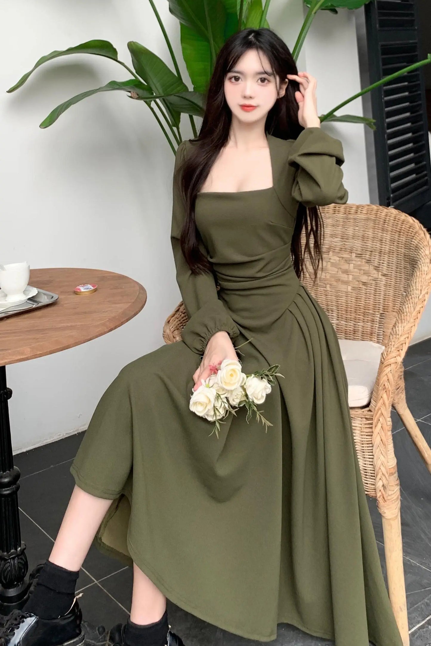 lovwvol Summer Elegant Party Casual Lady Long Dresses Retro Folds Puff Sleeves Fashionable Sexy Design Slimming Waist Green Dress