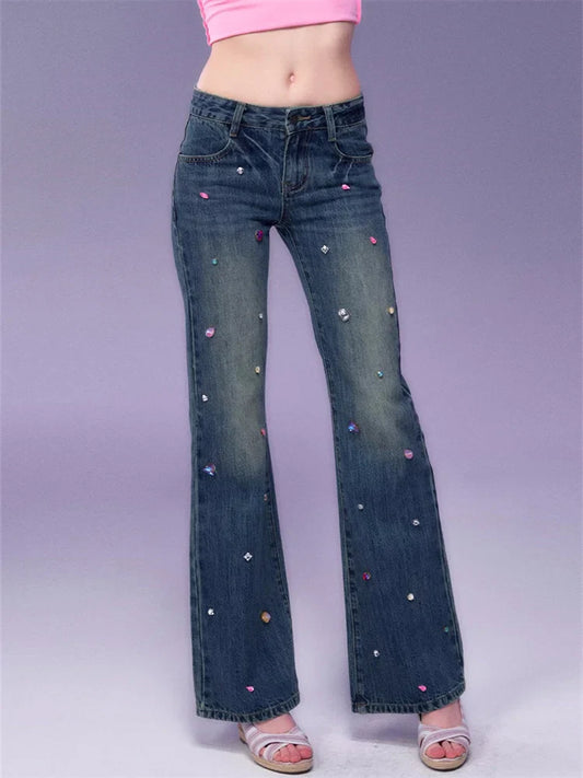 lovwvol   Y2K Fairycore Jeans Women Diamond Vintage 90s Blue Denim Pants Female Korean Fashion Retro Low Waist Oversized Trousers