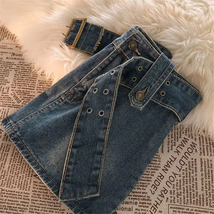 lovwvol  -  Denim Mini Skirts Vintage Women Summer Y2K Solid Belt Sexy Jeans Skirts Female Casual Ball Gown Korean Slim A Line Street Skirts