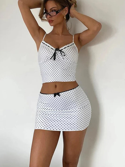 lovwvol - Dot Printed V-neck Vest Mini Skirt Two Piece Set Women Hip Wrap Patchwork Bow Slim Fit Sleeveless Beach Sexy Fashion Sets