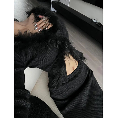 lovwvol Sexy Gothic Knitted Cardigan with Fur Women Black Cropped Sweaters Y2k Elegant Korean Streetwear Grunge V-neck Tops