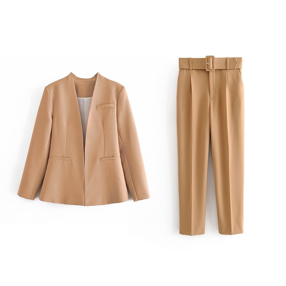 2023 Women Fashion Two Pieces Sets Office Wear Blazers Coat And With Belt High Waist Pants Female