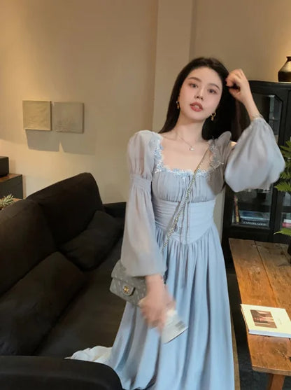 lovwvol French Elegant Square Neck Chiffon Dress for Women Summer Evening Party Long Sleeve Female Dress Casual Fashion Midi Dress