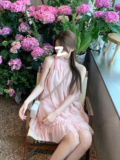 lovwvol Sweet Pink Y2k Mini Dress Party Women Casual Sleeveless Elegant Dress Korean Style Fashion Pure Color Dress Female Summer