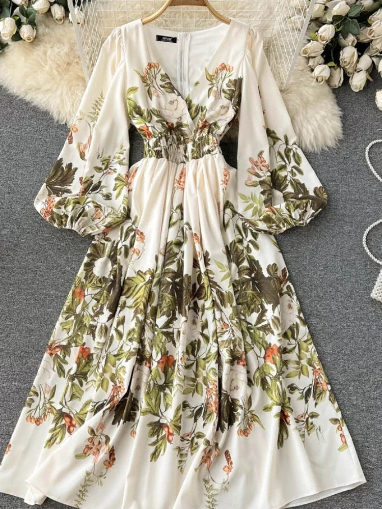 lovwvol Spring Autumn Elegant Long Dress Women A Line Slim Long Sleeve V Neck Floral Dresses Ladies Vintage Party Long Robe Vestidos