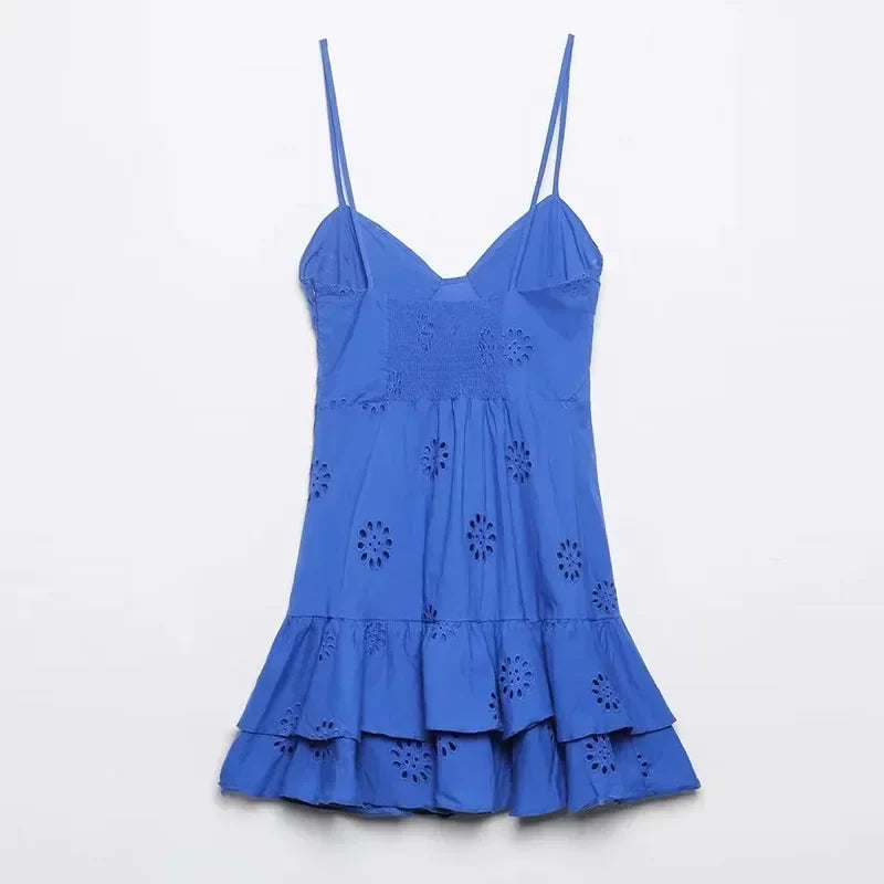 Blue Sling Mini Dress Women Summer Side Zipper Slim Vintage Backless Elastic Thin Straps Female Dresses Hollow Vestidos