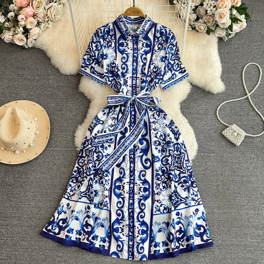 lovwvol Runway Fashion Summer Print Shirt Dress for Women Short Sleeve Single Breasted Lace Up Belt Vintage Holiday Vestidos Casual