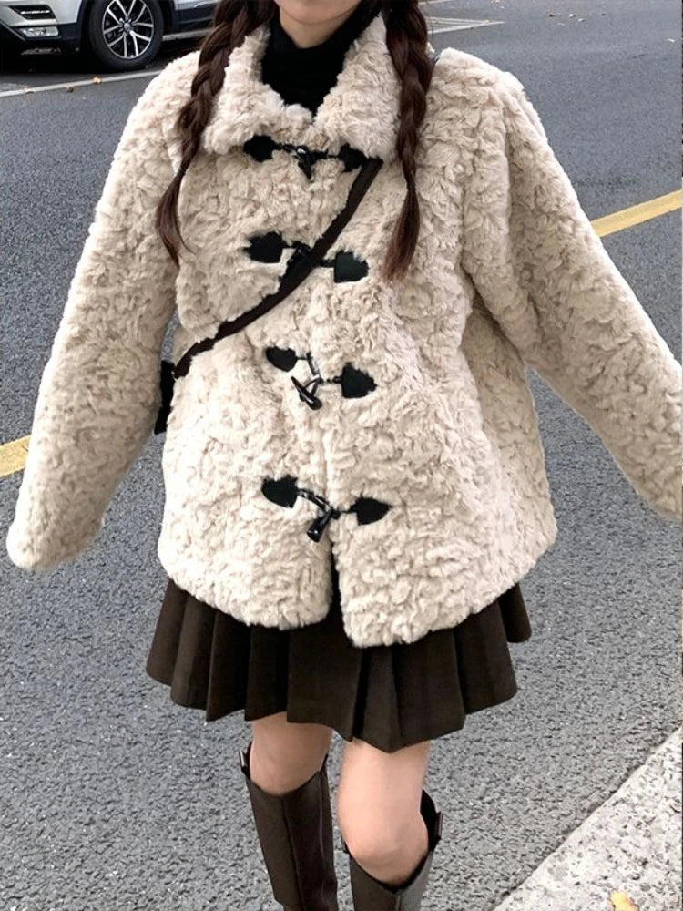 lovwvol  -  Y2k Aesthetic Solid Women's Grunge Coats Horn Toggle Button Warm Vintage Casual Jacket Winter Loose Harajuku Sweet Tops