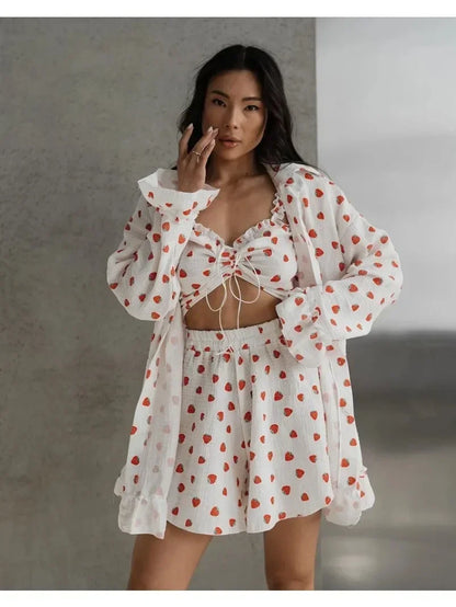 lovwvol  -  Printing Strawberry Three Pieces Sets Cotton Shorts With Corsets Women Homewear 3 Pieces Suits Summer Autumn