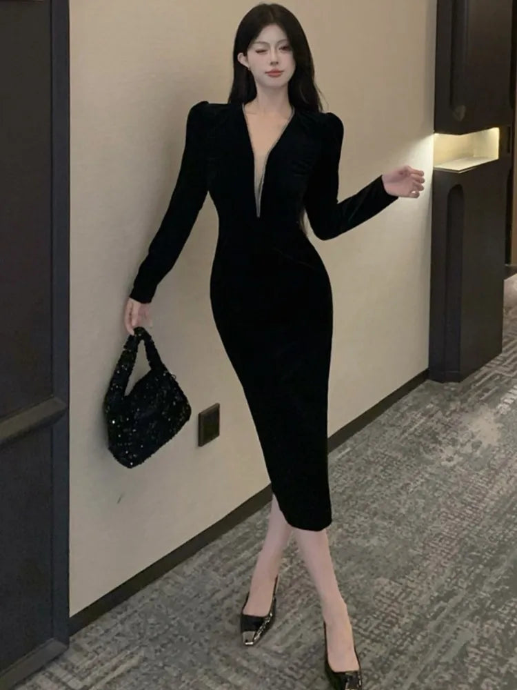 lovwvol Sexy Deep V-neck Black Velvet  Dress Women Autumn Winter Vintage Solid Long Sleeve Prom Vestidos Evening Party Robe Female New