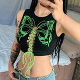 lovwvol Butterfly Crop Top Women Aesthetic Fairy Grunge Tie Up Bandage Tanks y2k Clothes 2000s E Girl Vest T Shirt Streetwear