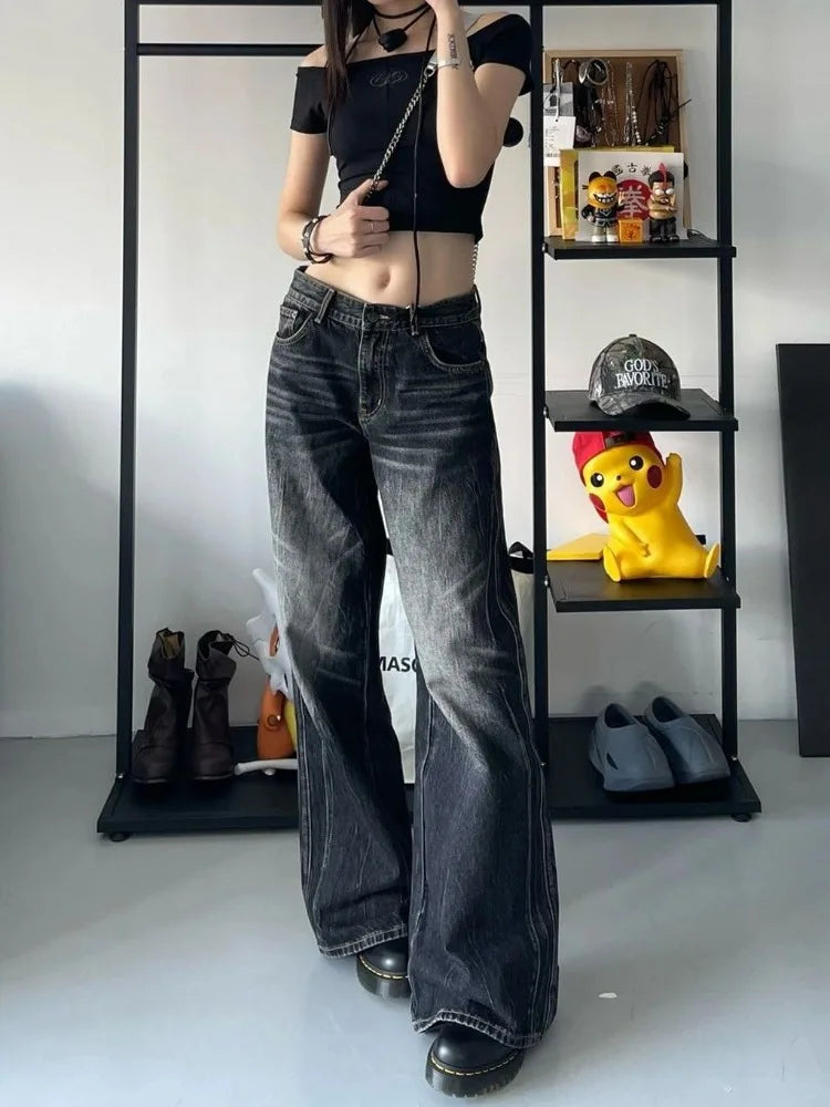 lovwvol Grunge Y2k Black Jeans Women Baggy Vintage High Street Oversized Denim Trousers Gothic Gyaru 2000s Acubi Fashion Jeans