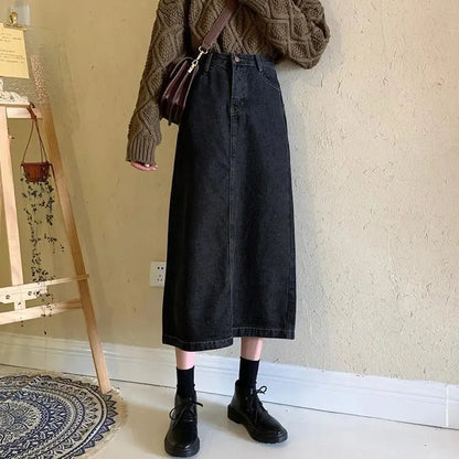 lovwvol  Korean Chic Denim Midi Skirt Women 2022 Spring High Waist Simple Medium-long Skirts Vintage All-match Streetwear Skirt