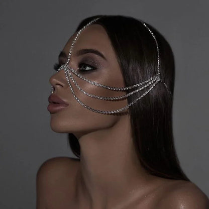 Luxury Crystal Face Chain Mask Jewelry Belly Dance Multi Layer Baroque Rhinestone Masquerade Mask Women Strip Party Headpiece