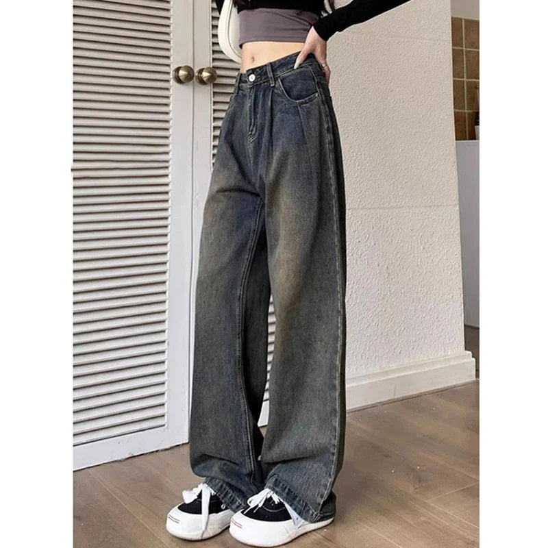 lovwvol - Harajuku Retro Women's High Waist Wide Leg Jeans Autumn Winter Thin Vintage Straight Leg Pants Fashionable Floor Mopping Jeans