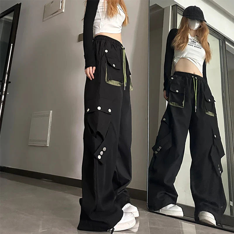 lovwvol  -  Y2k Aesthetic Black Cargo Pants Women Drawstring Harajuku Wide Leg Loose High Waist Streetwear Casual Autumn Trousers Joggers