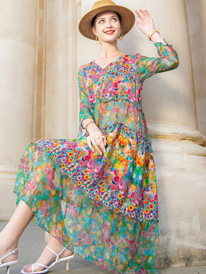 lovwvol High Quality Summer 2024 Beach Boho Vintage Print Silk V Neck Dress Elegant Party Robe Designer Vestidos Loose Midi Dresses